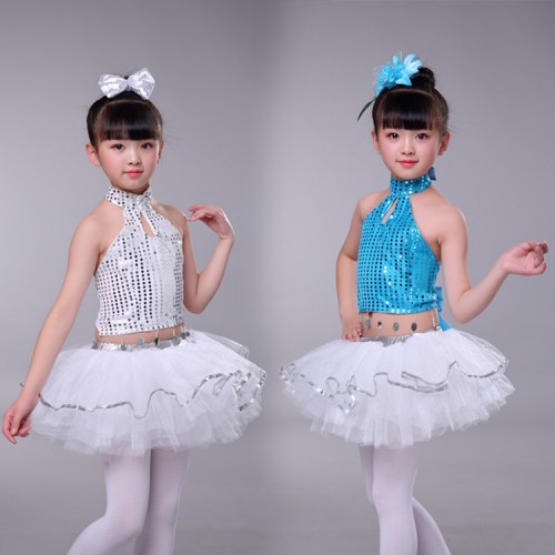 Girls silver turquoise sequin jazz dance costumes  outfits modern dance princess ballet stage performance dresses costumes
